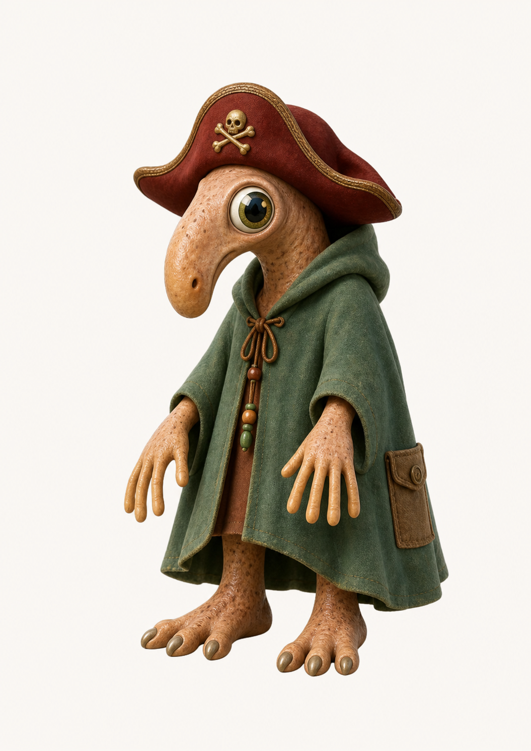 A whimsical Many Fingers character in a red pirate hat
